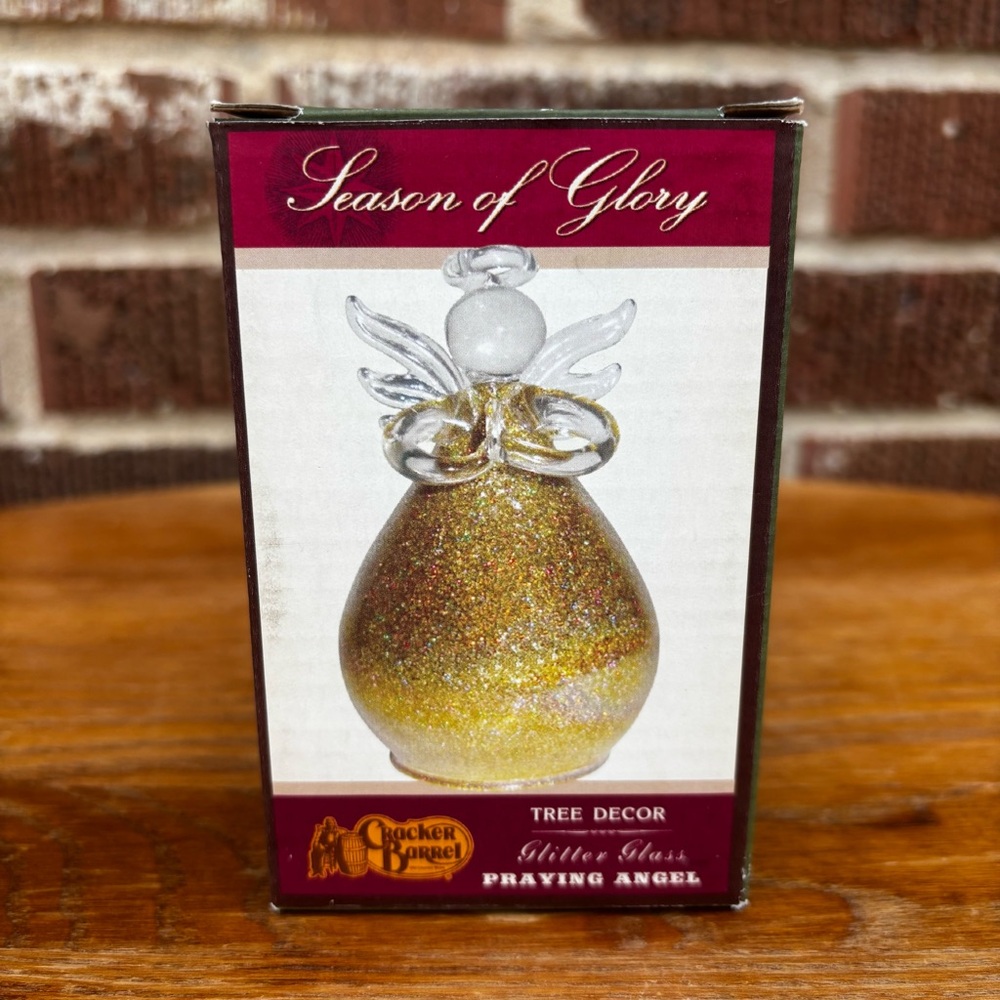 Praying Angel Ornament Cracker Barrel Season of Glory Gold Glitter Glass 3"